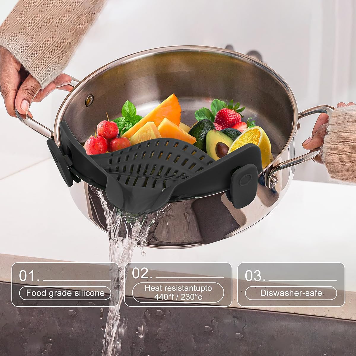 Silicone pasta strainer Wide mouth leacher Vegetable and fruit strainer with side drain