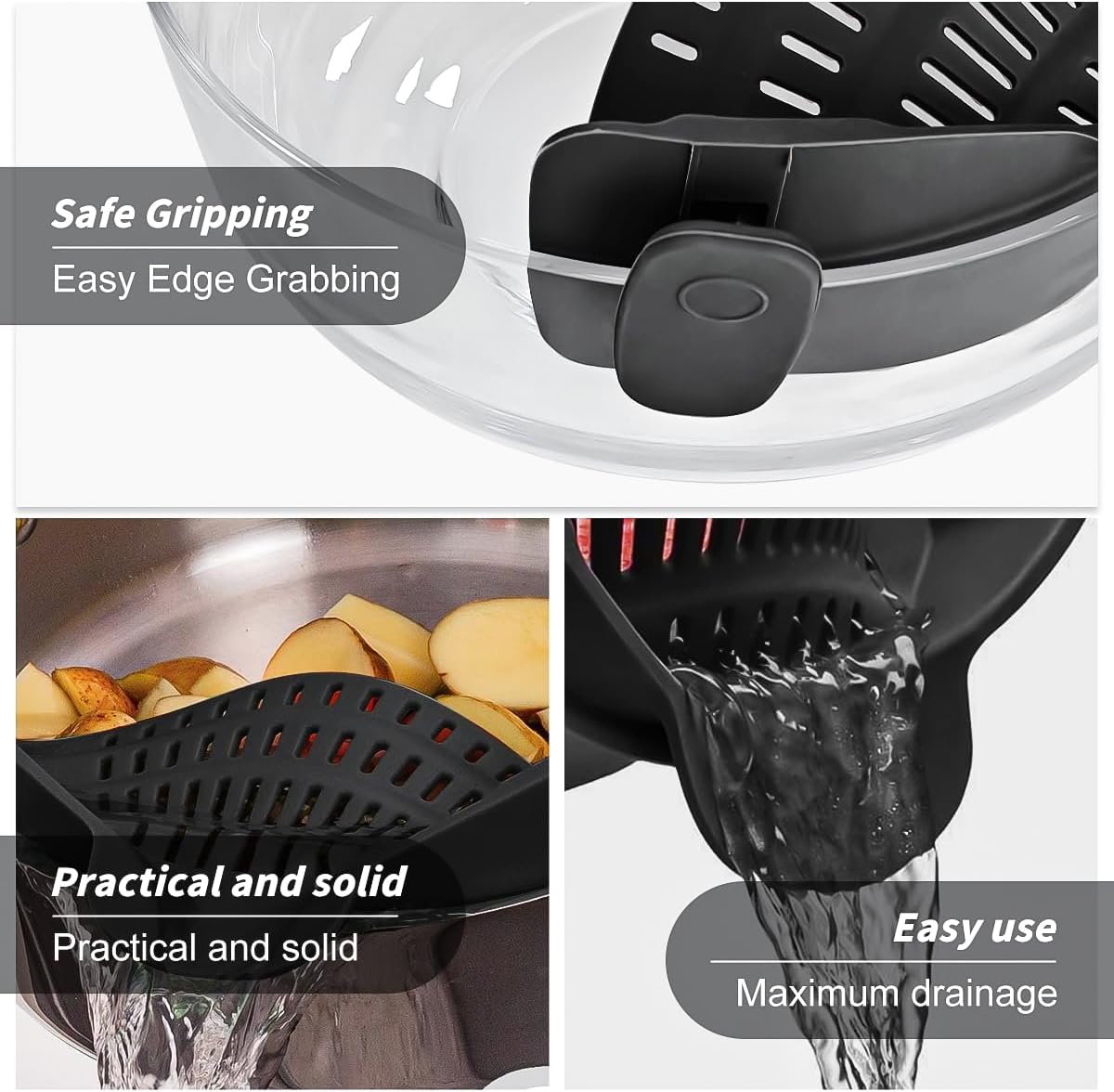 Silicone pasta strainer Wide mouth leacher Vegetable and fruit strainer with side drain