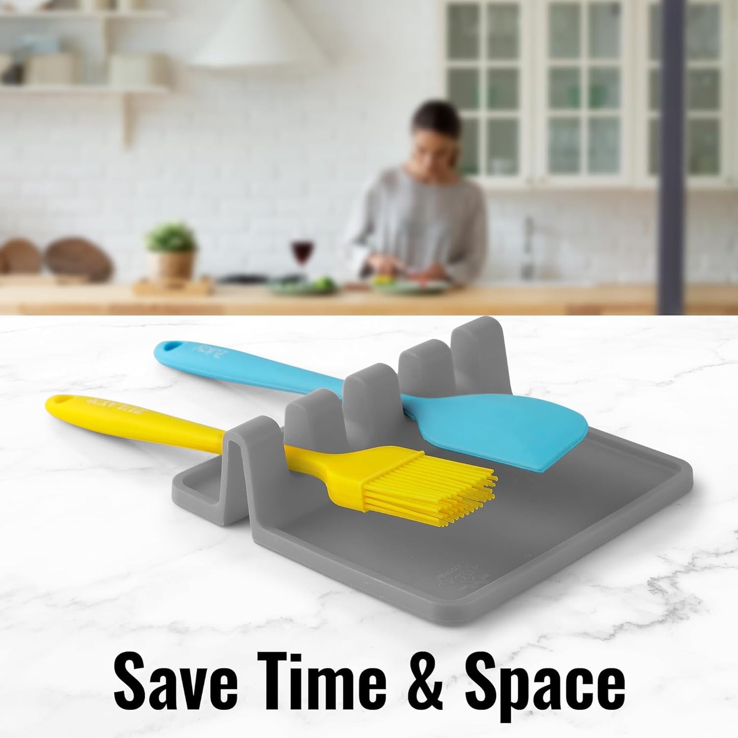 Oversized grey silicone spoon holder for stove top with drip pad (1 piece) - Heat resistant, BPA-free kitchen counter cutlery holder - Cutlery holder for scrapers, tongs, ladles